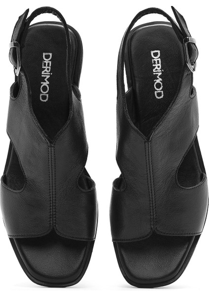 Kadın Siyah Dolgu Topuklu Deri Sandalet 25SFD153218