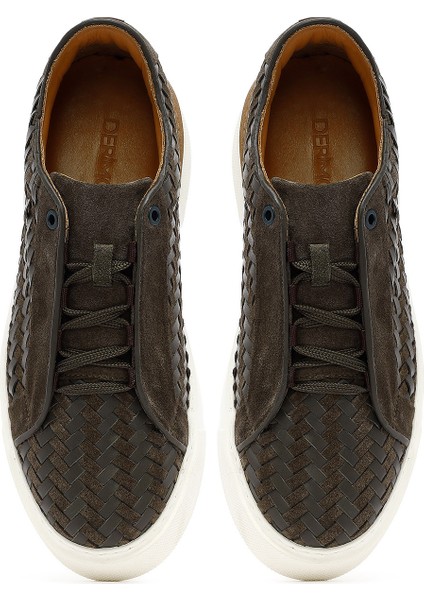 Erkek Haki Bağcıklı Örgülü Kalın Tabanlı Deri Sneaker 25SFD795214