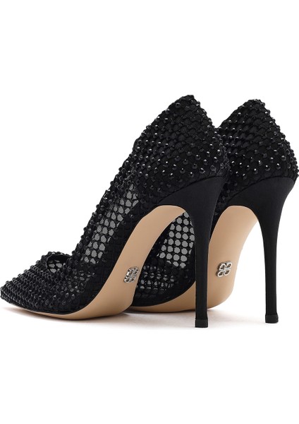 Kadın Siyah Taşlı Yüksek Ince Topuklu Deri Stiletto 25SFD1214TS