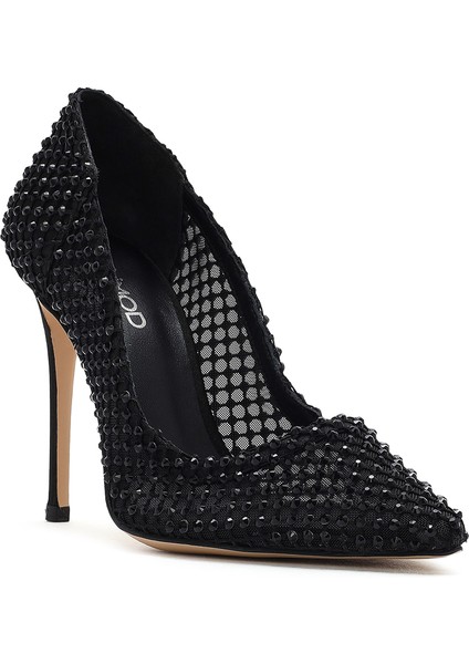 Kadın Siyah Taşlı Yüksek Ince Topuklu Deri Stiletto 25SFD1214TS