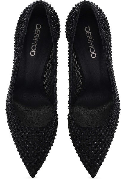 Kadın Siyah Taşlı Yüksek Ince Topuklu Deri Stiletto 25SFD1214TS