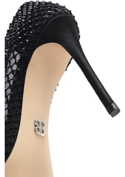 Kadın Siyah Taşlı Yüksek Ince Topuklu Deri Stiletto 25SFD1214TS