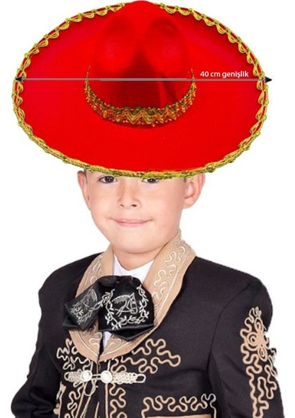 Kırmızı Renk Keçe Kumaş Meksikalı Latin Mariachi Şapkası Altın Şeritli Çocuk Hawaian