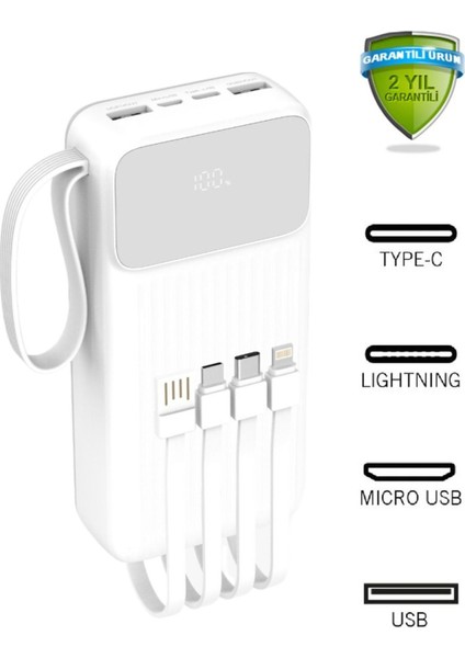 LCD Göstergeli Dahili Kablolu Fenerli 20.000 Mah Güç Bankası Taşınabilir Powerbank