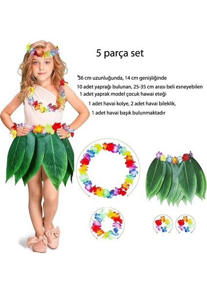 36 cm Yaprak Model Yeşil Renk Çocuk Hawaii Eteği ve 4lü Kolye Set
