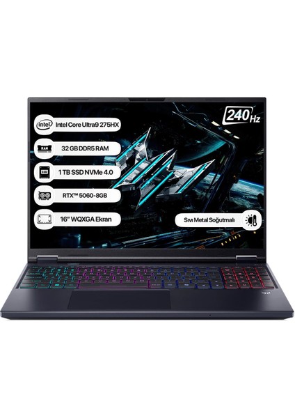 Predator Helios Neo 16 NH.QVUEY.001 Core Ultra 9 275HX 32GB 1tb SSD RTX5060-8GB 16" Wqxga 240Hz Dos Taşınabilir Bilgisayar