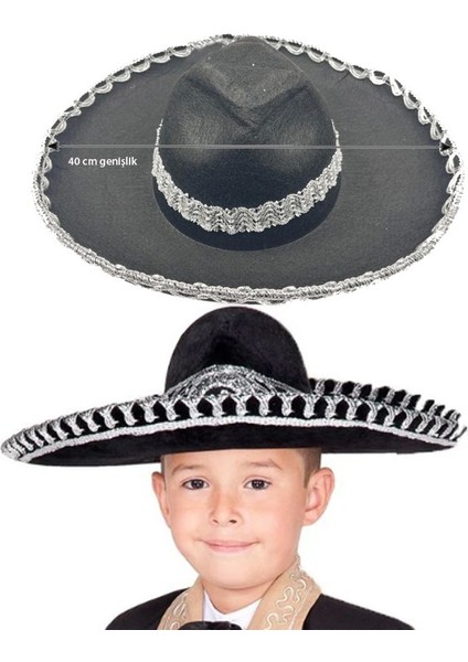 Siyah Renk Keçe Kumaş Meksikalı Latin Mariachi Şapkası Gümüş Şeritli Çocuk Hawaian