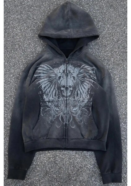 Siyah Vintage Gothic Skull Yıkamalı Kumaş Kapüşonlu Unisex Hırka