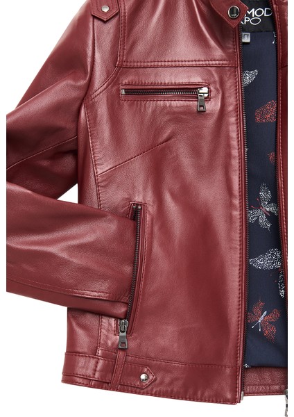 Vicky Kadın Bordo Hakim Yaka Kısa Deri Ceket 25SGE5170R3