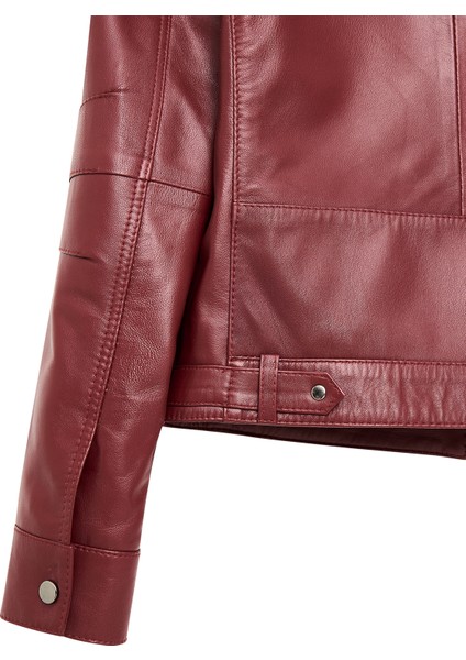 Vicky Kadın Bordo Hakim Yaka Kısa Deri Ceket 25SGE5170R3
