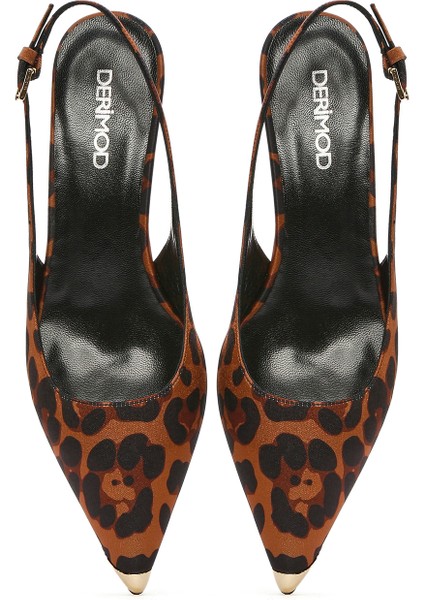 Kadın Leopar Desenli Arkası Açık Saten Deri Kısa Ince Topuklu Ayakkabı 25SFD12086F