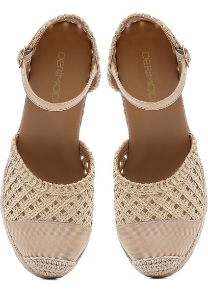 Kadın Krem Bilekten Tokalı Örgülü Dolgu Topuklu Espadril Sandalet 25sfe401929