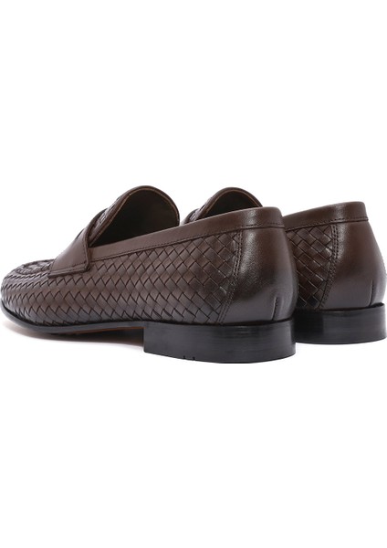 Erkek Kahverengi Örgü Deri Klasik Loafer 25SFD601429