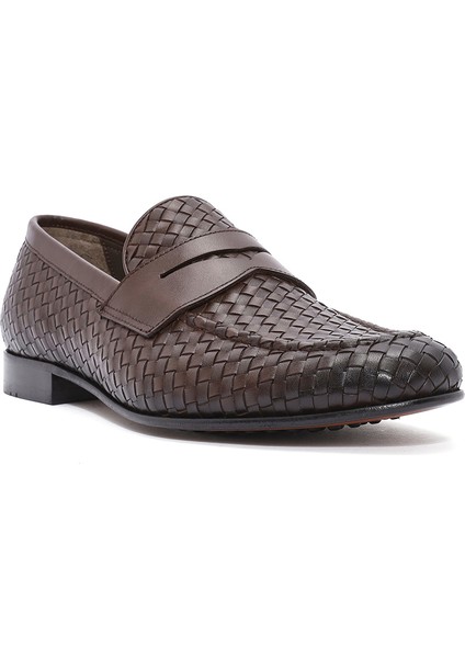 Erkek Kahverengi Örgü Deri Klasik Loafer 25SFD601429