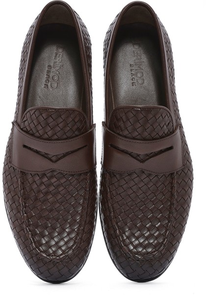 Erkek Kahverengi Örgü Deri Klasik Loafer 25SFD601429