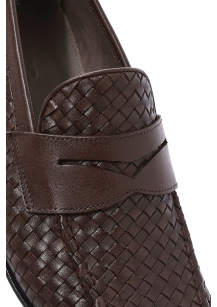 Erkek Kahverengi Örgü Deri Klasik Loafer 25SFD601429