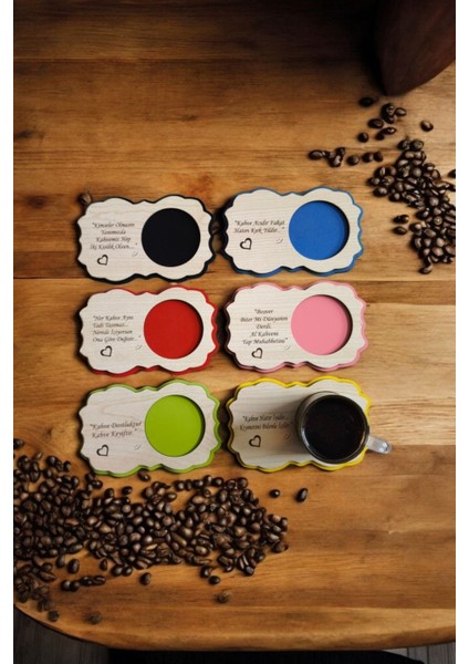 Renkli Ahşap Lazer Kesim Bardak Altlığı Seti, 6'lı Kahve Altlığı