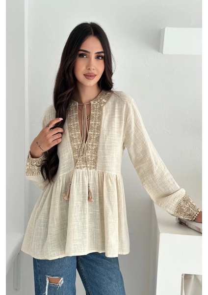 Etnik Desenli Bağlamalı Bluz