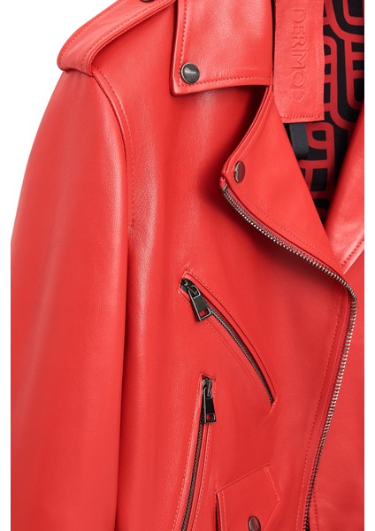 Newage Kadın Kırmızı Slim-Fit Biker Deri Ceket 25SGD5983U5