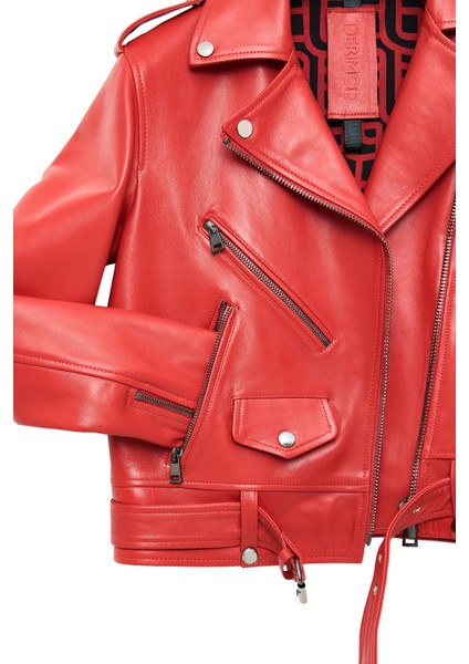 Newage Kadın Kırmızı Slim-Fit Biker Deri Ceket 25SGD5983U5