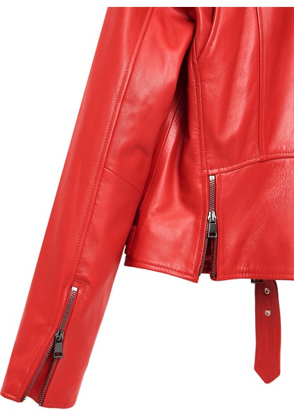 Newage Kadın Kırmızı Slim-Fit Biker Deri Ceket 25SGD5983U5