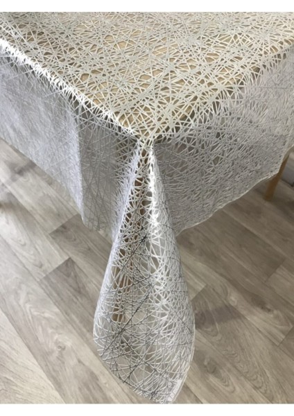 Gümüş Iplik Desenli Şeffaf Kaplamalı Lüks Masa Örtüsü
