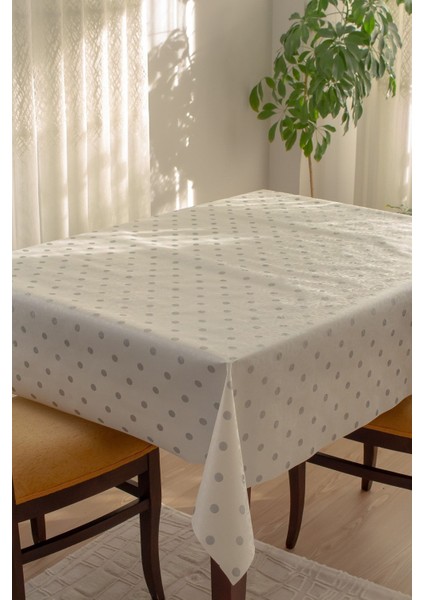Astarlı Silinebilir Pvc Masa Örtüsü, Puantiye Desen, Beyaz, 97 cm