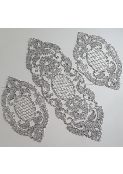 Lale Desen Nakışlı 3 Parça Oval Takım, Gri Renk