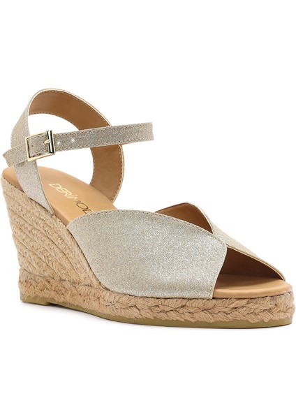 Kadın Altın Simli Bilekten Tokalı Dolgu Topuklu Espadril Sandalet 25SFD2074SM