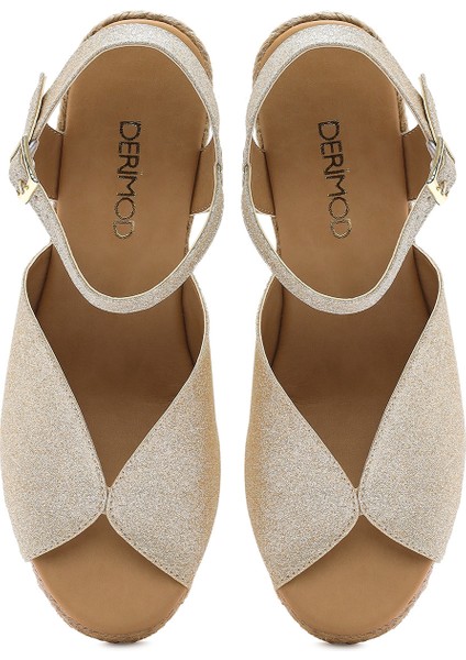 Kadın Altın Simli Bilekten Tokalı Dolgu Topuklu Espadril Sandalet 25SFD2074SM