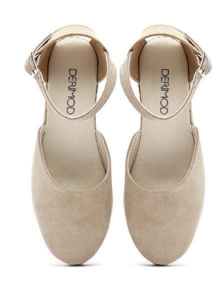 Kadın Bej Bilekten Bantlı Dolgu Topuklu Süet Deri Espadril 25SFD205710