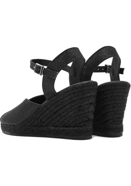 Kadın Siyah Simli Bilekten Tokalı Dolgu Topuklu Espadril Sandalet 25SFD2074SM