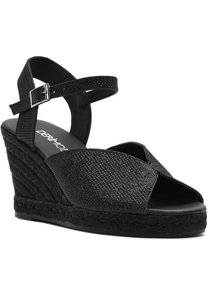 Kadın Siyah Simli Bilekten Tokalı Dolgu Topuklu Espadril Sandalet 25SFD2074SM