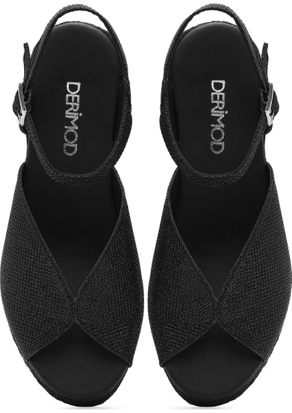 Kadın Siyah Simli Bilekten Tokalı Dolgu Topuklu Espadril Sandalet 25SFD2074SM
