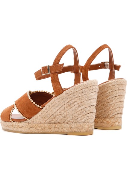 Kadın Taba Bilekten Bantlı Dolgu Topuklu Süet Deri Espadril Sandalet 25SFD205910