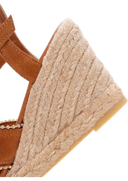 Kadın Taba Bilekten Bantlı Dolgu Topuklu Süet Deri Espadril Sandalet 25SFD205910