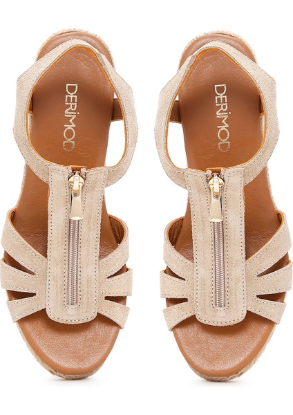 Kadın Bej Fermuarlı Dolgu Topuklu Süet Deri Espadril 25SFD206010