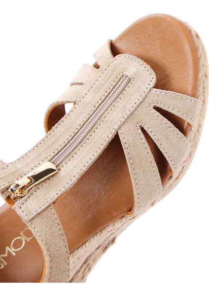 Kadın Bej Fermuarlı Dolgu Topuklu Süet Deri Espadril 25SFD206010