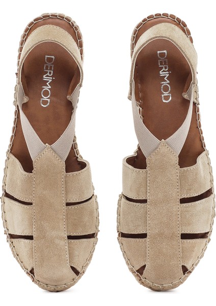 Kadın Bej Süet Deri Espadril Sandalet 25SFD205210