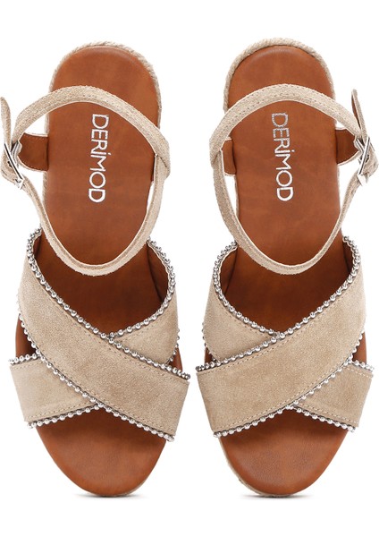 Kadın Bej Bilekten Bantlı Dolgu Topuklu Süet Deri Espadril Sandalet 25SFD205910