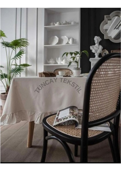 Bej Renkli, %100 Pamuk Keten Fırfırlı Masa Örtüsü, Şık ve Doğal Görünüm Sağlar. fiyatları
