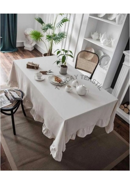 Bej Renkli, %100 Pamuk Keten Fırfırlı Masa Örtüsü, Şık ve Doğal Görünüm Sağlar. modelleri