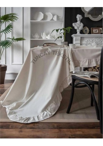 Bej Renkli, %100 Pamuk Keten Fırfırlı Masa Örtüsü, Şık ve Doğal Görünüm Sağlar. fırsatları