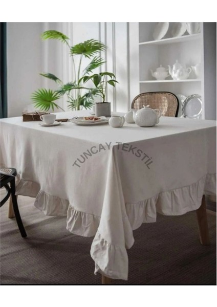 Bej Renkli, %100 Pamuk Keten Fırfırlı Masa Örtüsü, Şık ve Doğal Görünüm Sağlar. indirimleri