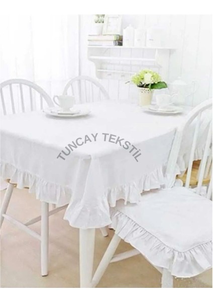 Bej Renkli, %100 Pamuk Keten Fırfırlı Masa Örtüsü, Şık ve Doğal Görünüm Sağlar.