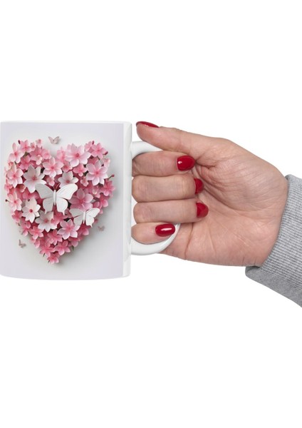 Çiçekli Kelebek Desenli Porselen Bardak , 330ML Hacminde