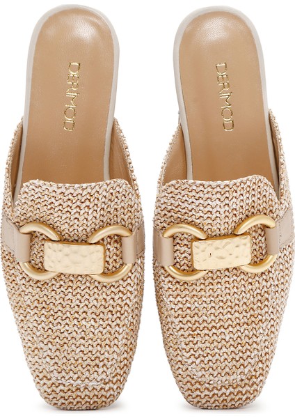 Kadın Bej Toka Detaylı Hasır Deri Terlik 25SFD2002M7