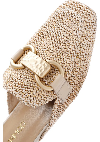 Kadın Bej Toka Detaylı Hasır Deri Terlik 25SFD2002M7