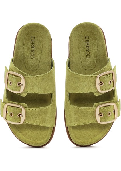 Kadın Yeşil Tokalı Süet Deri Terlik 25SFD200110