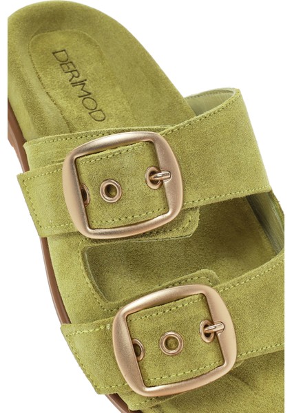 Kadın Yeşil Tokalı Süet Deri Terlik 25SFD200110